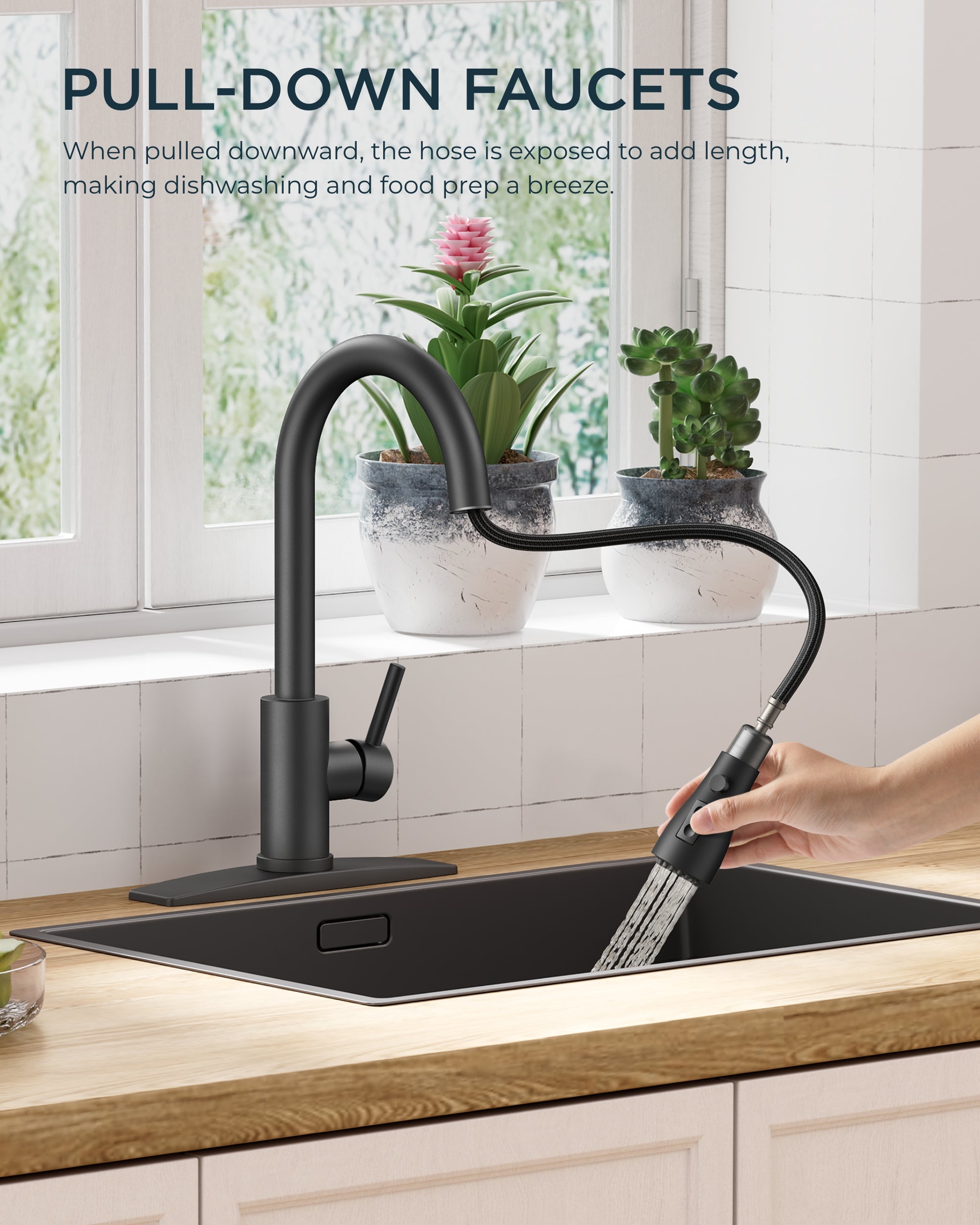 FORIOUS Black Kitchen Faucet with Pull Down Sprayer, Bar High Arc Single Handle Traditional 3 Modes Stainless Steel Faucet for Kitchen Sink Farmhouse RV Laundry Camper