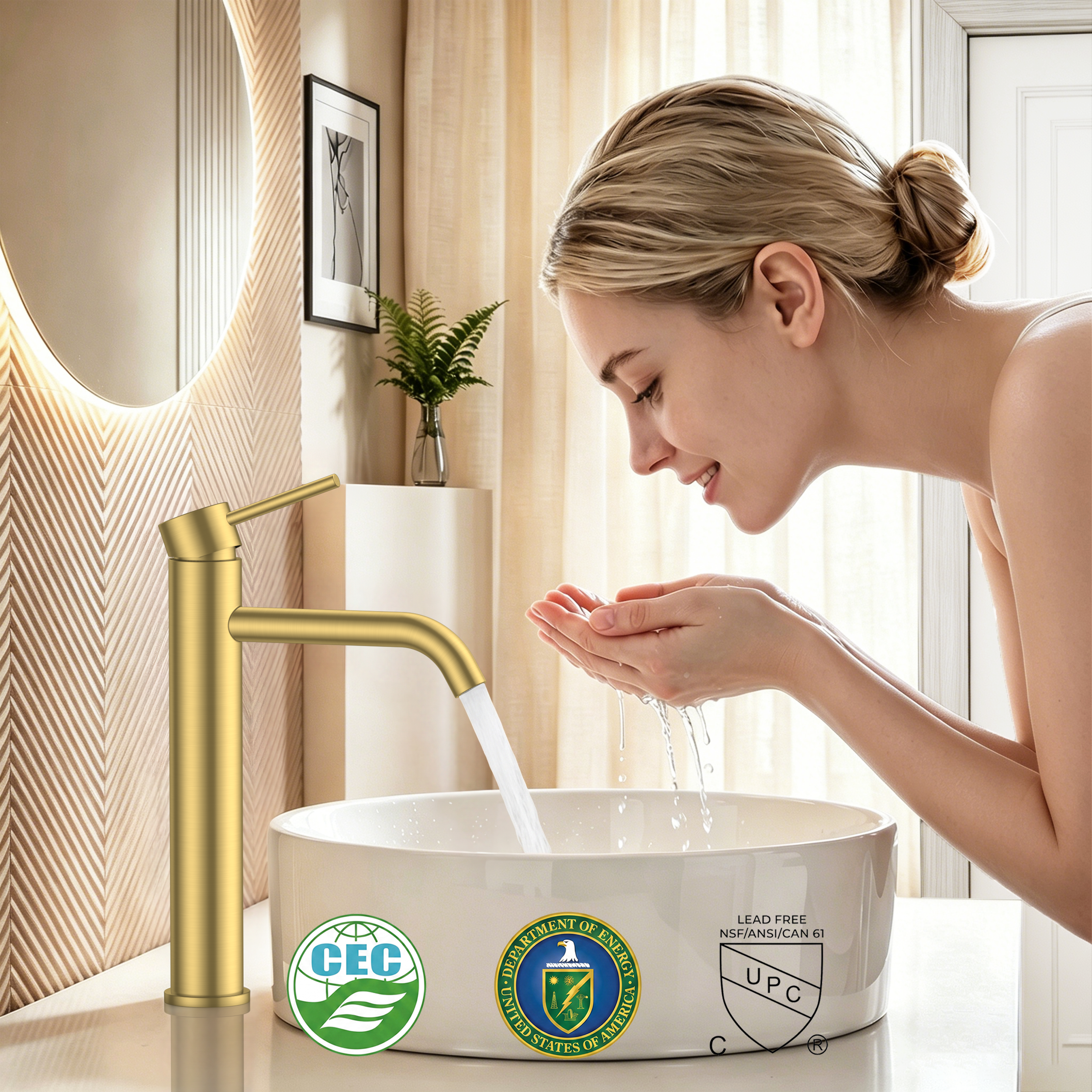 FORIOUS Gold Bathroom Vessel Sink Faucet 1 Hole, Tall Bathroom Faucet Single Handle One Hole with Pop Up Drain and Supply Lines, Basin Bowl Vanity Lavatory Residential/Commercial Use