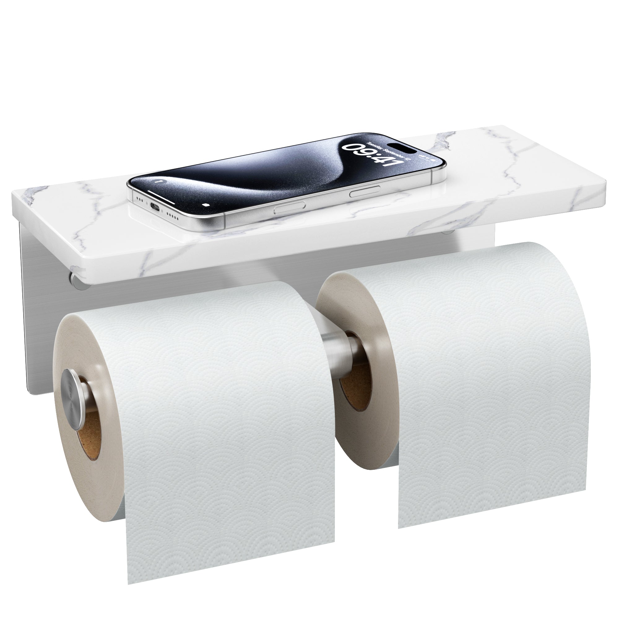 FORIOUS Toilet Paper Holder with Shelf, Marble Wall Mount Tissue Roll Holder for Bathroom, Washroom, 304 Stainless Steel Double Commercial Toilet Tissue Dispensers with Phone Shelf, Brushed Nickel