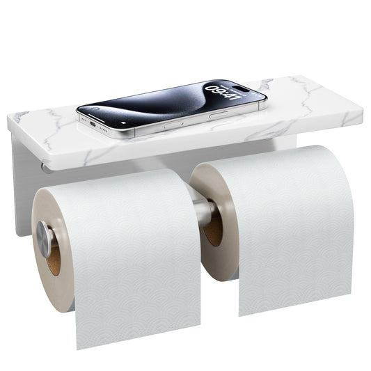 FORIOUS Toilet Paper Holder with Shelf, Marble Wall Mount Tissue Roll Holder for Bathroom, Washroom, 304 Stainless Steel Double Commercial Toilet Tissue Dispensers with Phone Shelf, Brushed Nickel