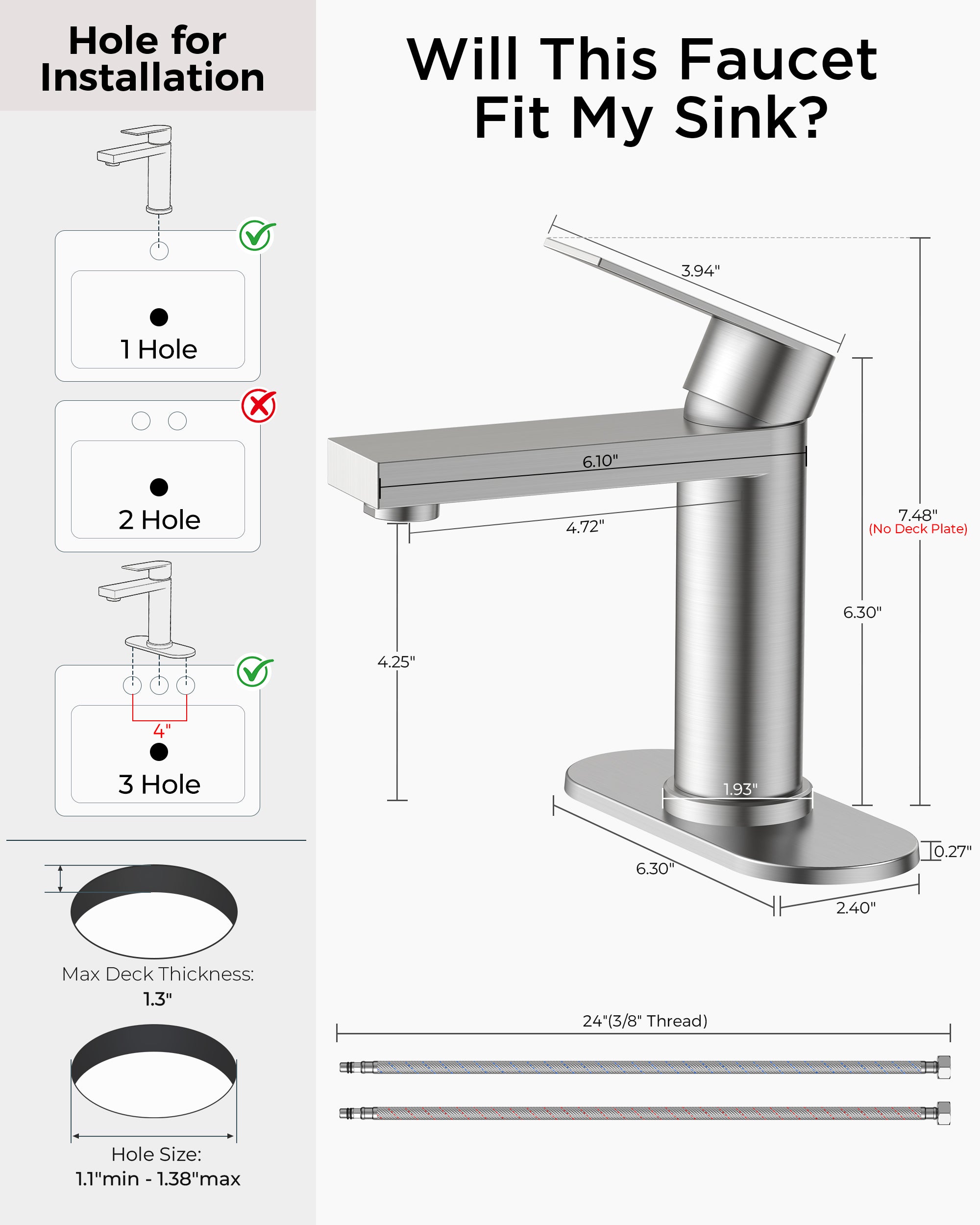 FORIOUS Bathroom Faucet 1 Hole, Single Handle Vanity Faucet Matte Black