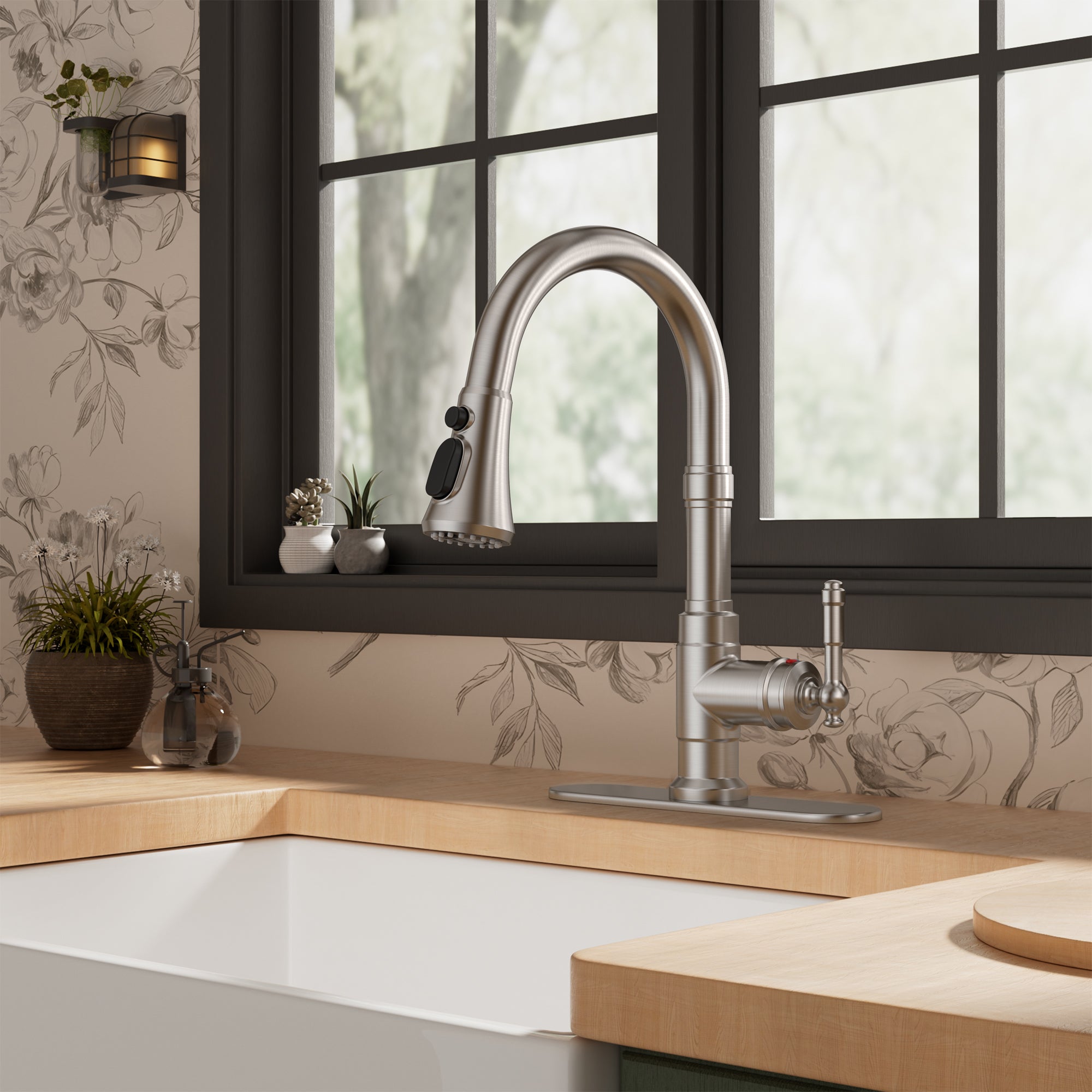 FORIOUS Vintage Kitchen Faucets with Pull Down Sprayer, Brushed Nickel High Arc Single Handle Stainless Steel Transitional Pull Out Sink Faucet for Farmhouse Camper Rv Bar, Fit for 1 or 3 Hole