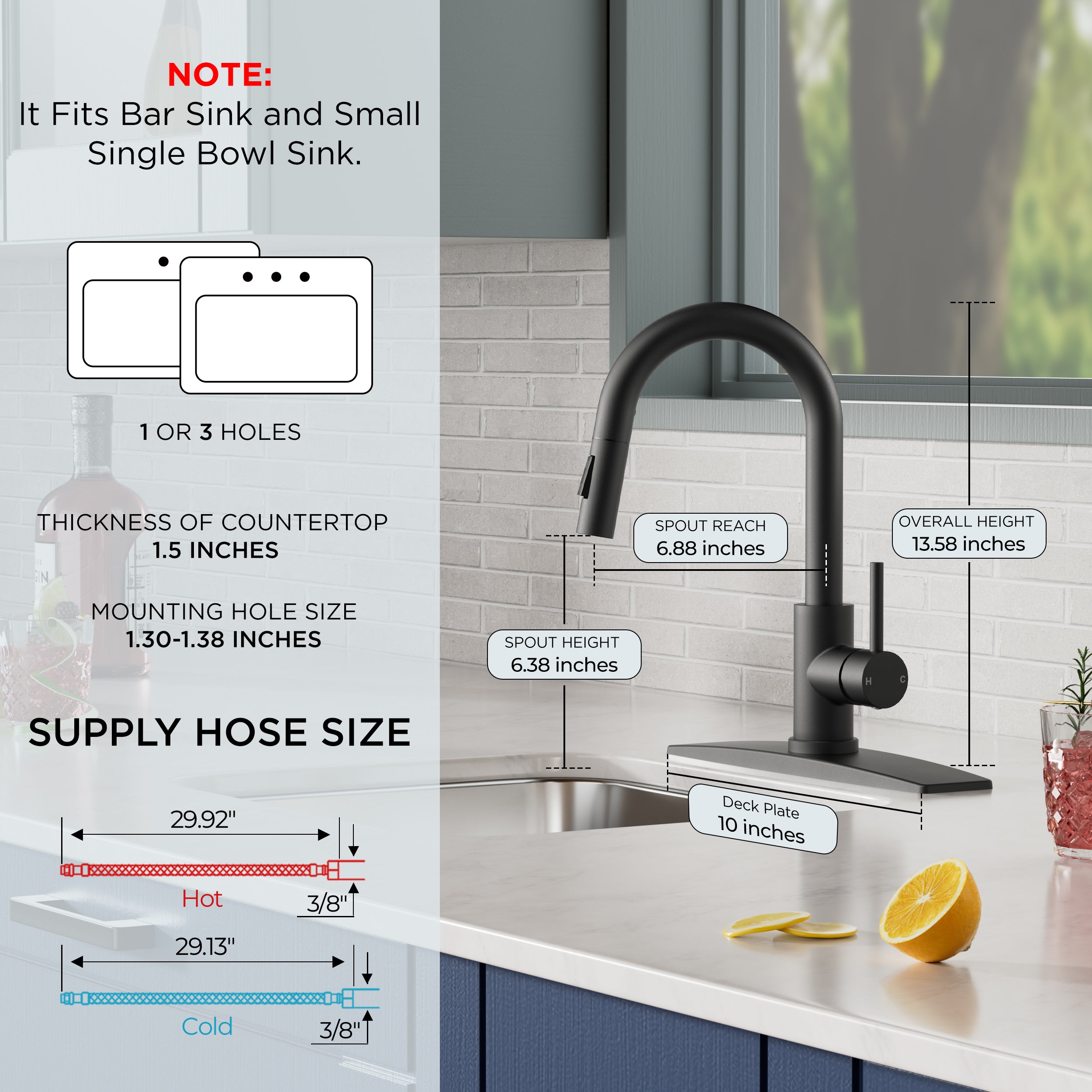 FORIOUS Black Bar Sink Faucet for Kitchen Sink, Modern Single Handle Kitchen Faucet with Pull Down Sprayer, Stainless Steel High Arc with Deck Plate for 1 or 3 Hole, Suitable for Bathroom RV Camper