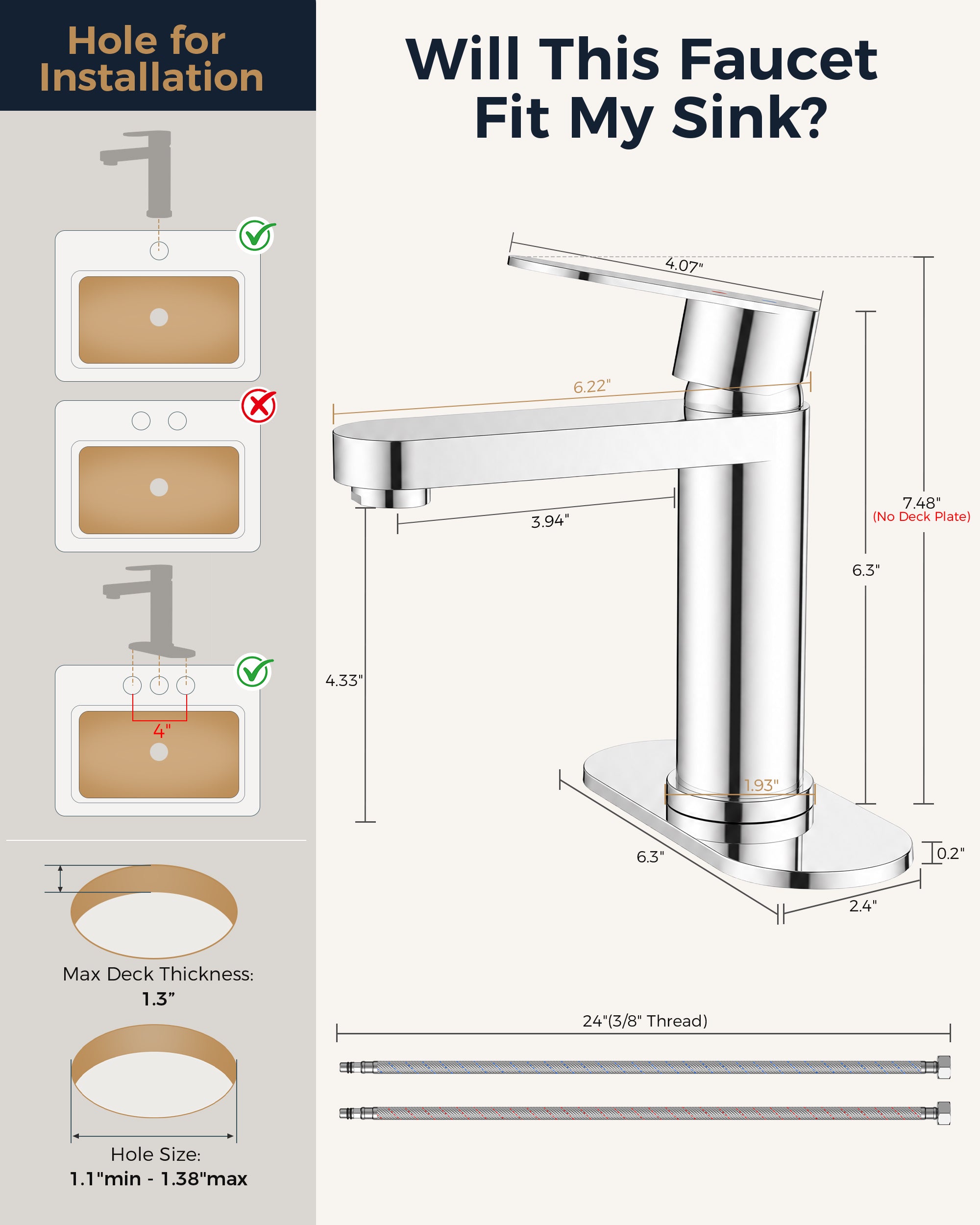 FORIOUS Bathroom Faucet 1 Hole, Single Handle Vanity Faucet Polished Chrome Bathroom Sink Faucet with Deck Plate, Fits 1 Hole and 4-Inch 3 Hole Install, for RV Vanity Lavatory Restroom Camper