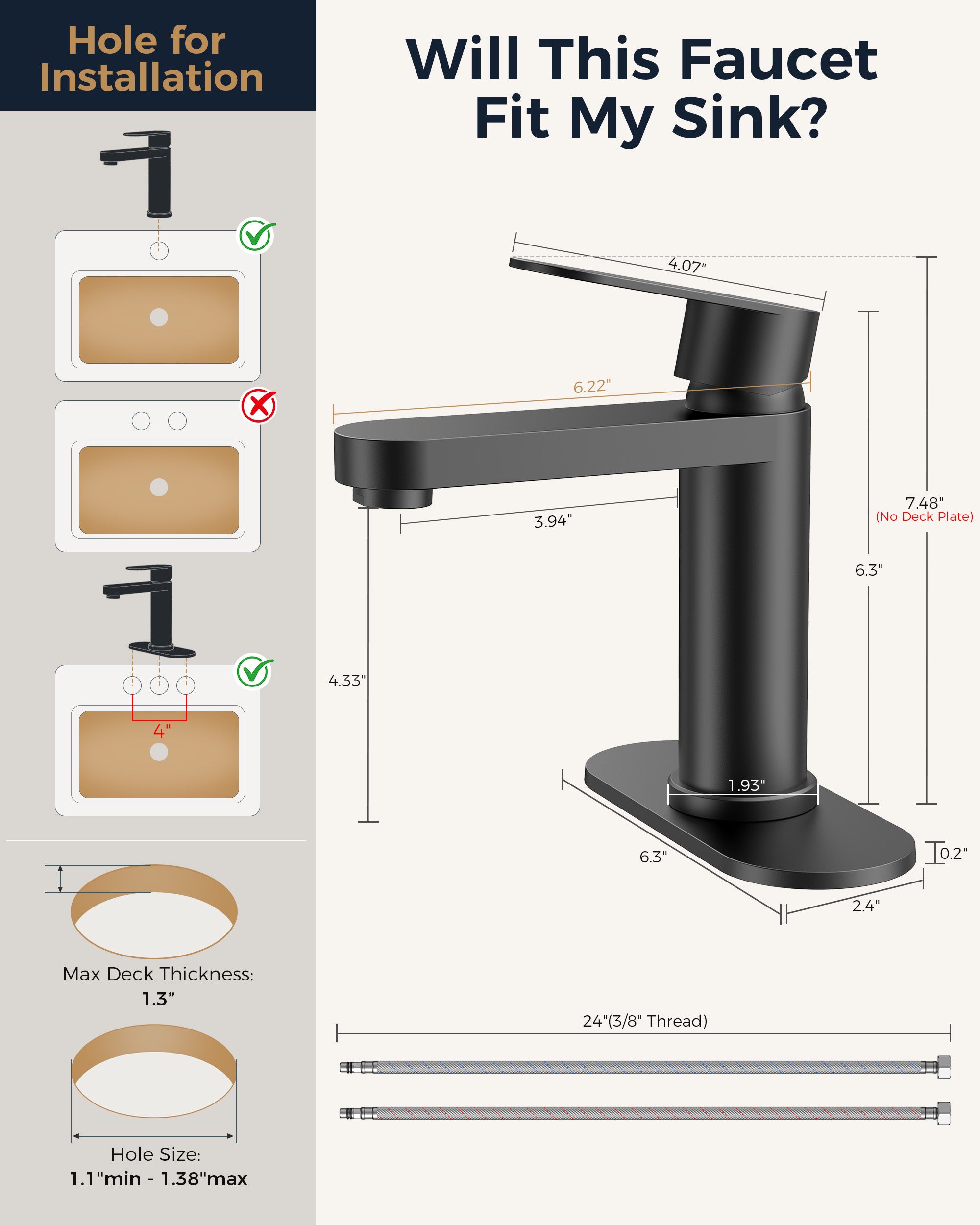 FORIOUS Bathroom Faucet 1 Hole, Single Handle Vanity Faucet Polished Chrome Bathroom Sink Faucet with Deck Plate, Fits 1 Hole and 4-Inch 3 Hole Install, for RV Vanity Lavatory Restroom Camper