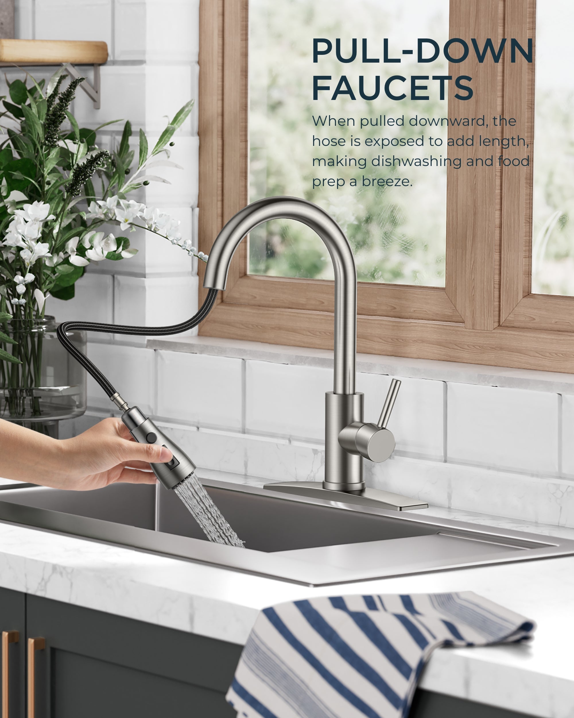 FORIOUS Kitchen Faucet with Pull Down Sprayer, Brushed Nickel, Bar High Arc Single Handle Traditional 3 Modes Stainless Steel Faucet for Kitchen Sink Farmhouse RV Laundry Camper