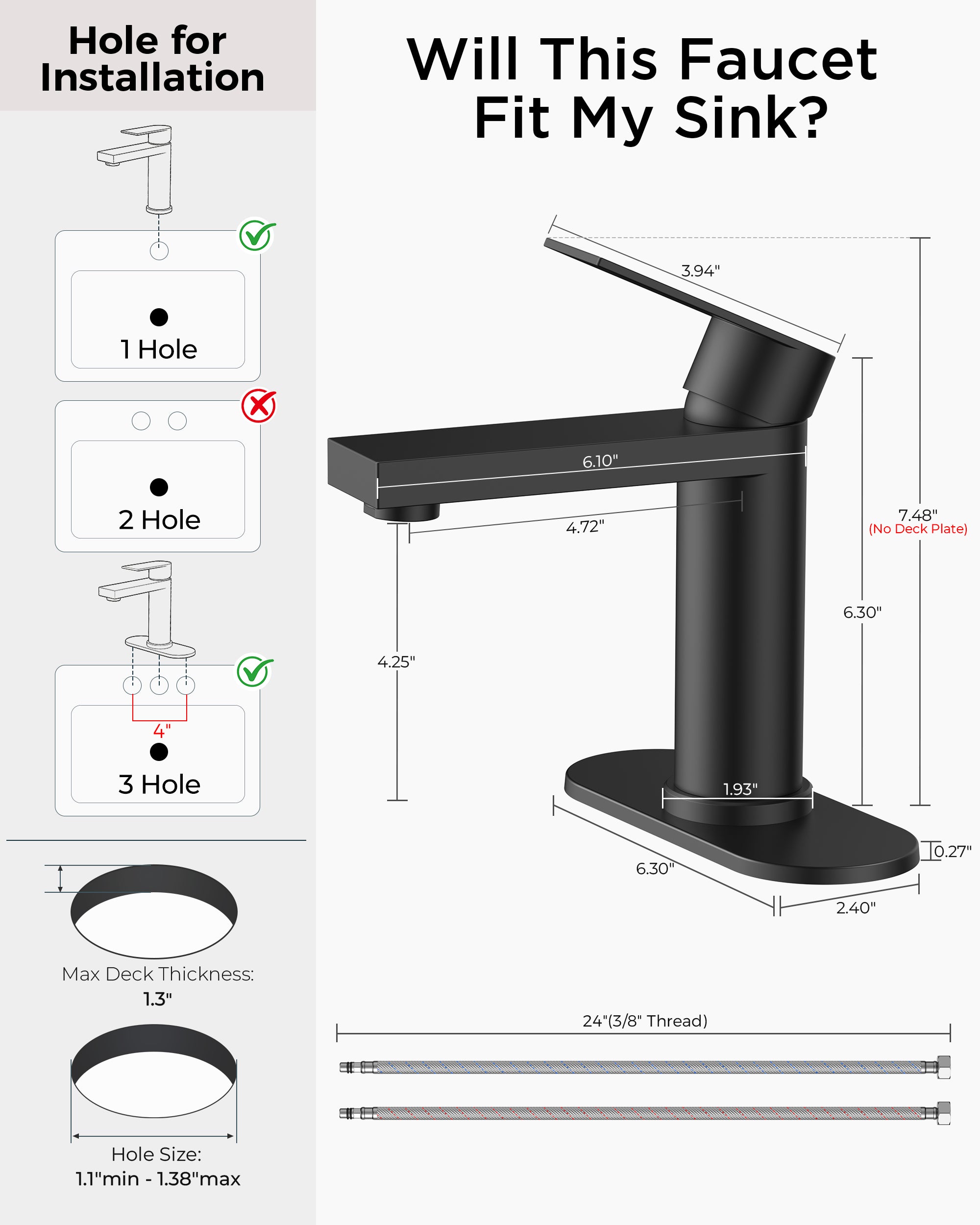 FORIOUS Bathroom Faucet 1 Hole, Single Handle Vanity Faucet Matte Black