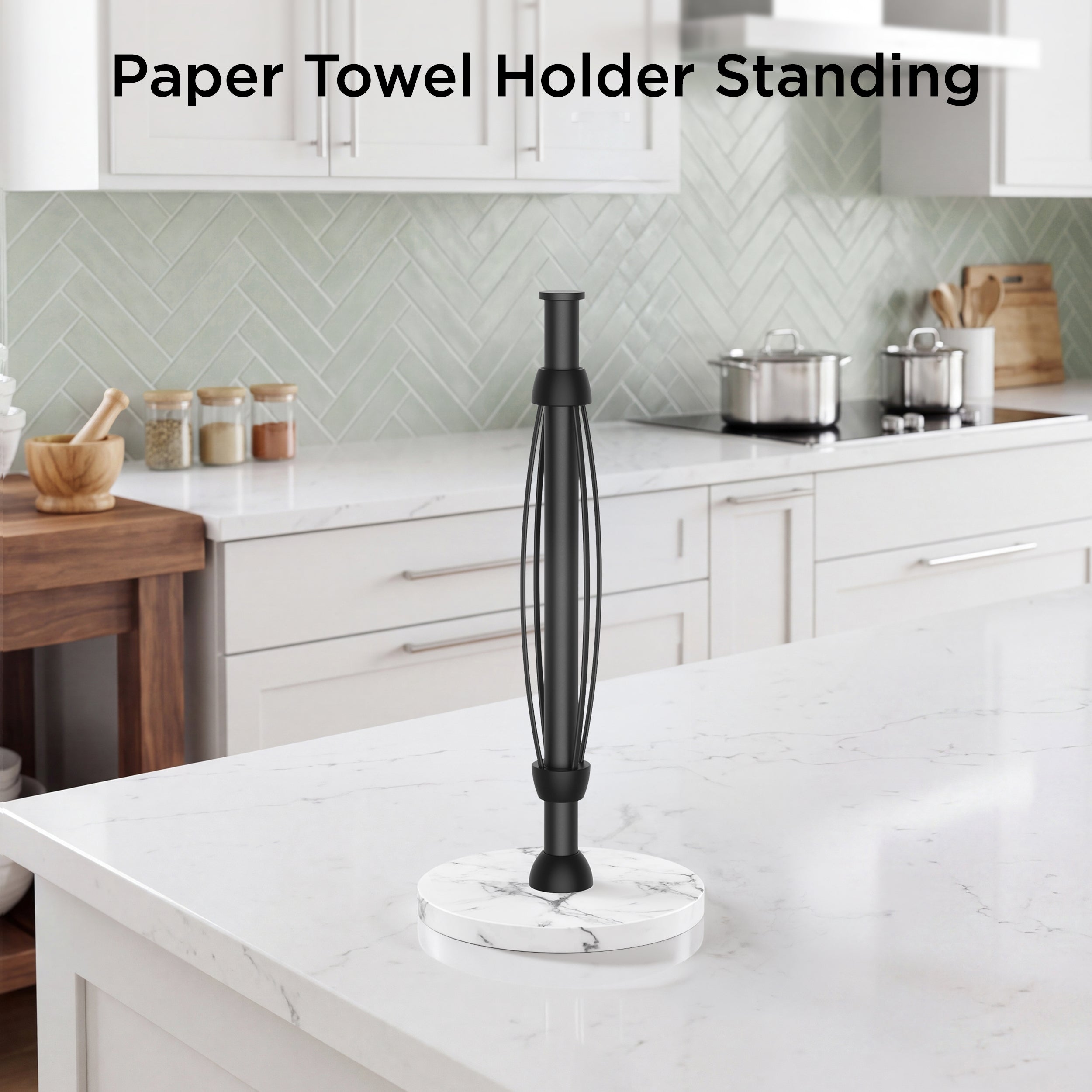 FORIOUS Paper Towel Holder Countertop, One-Handed Tear,Weighted Marble Base 304 Stainless Steel Paper Towel Stand, Ratchet Mechanism for Easy Tearing, Fits Standard & Jumbo Rolls for Kitchen, Silver