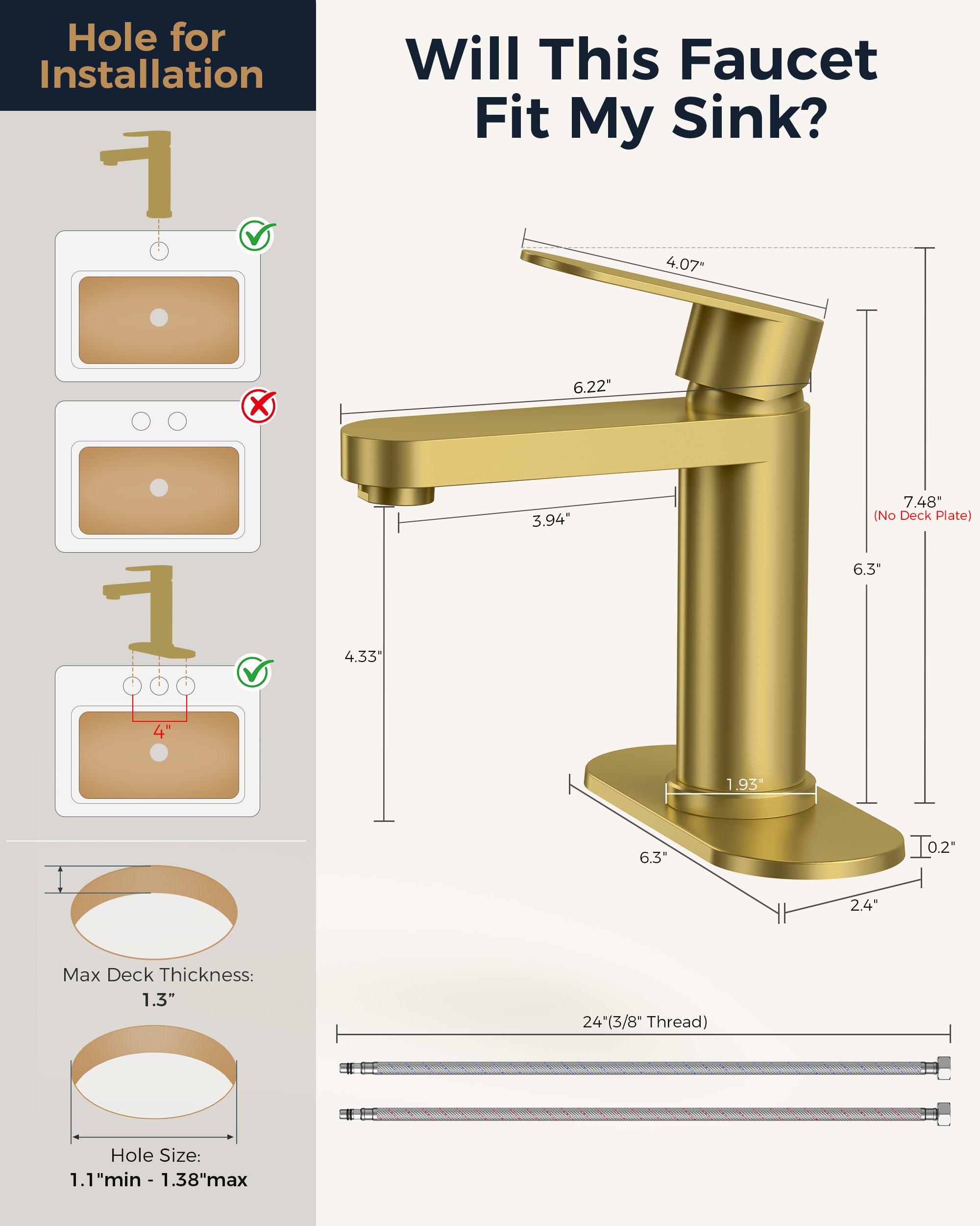FORIOUS Bathroom Faucet 1 Hole, Single Handle Vanity Faucet Polished Chrome Bathroom Sink Faucet with Deck Plate, Fits 1 Hole and 4-Inch 3 Hole Install, for RV Vanity Lavatory Restroom Camper