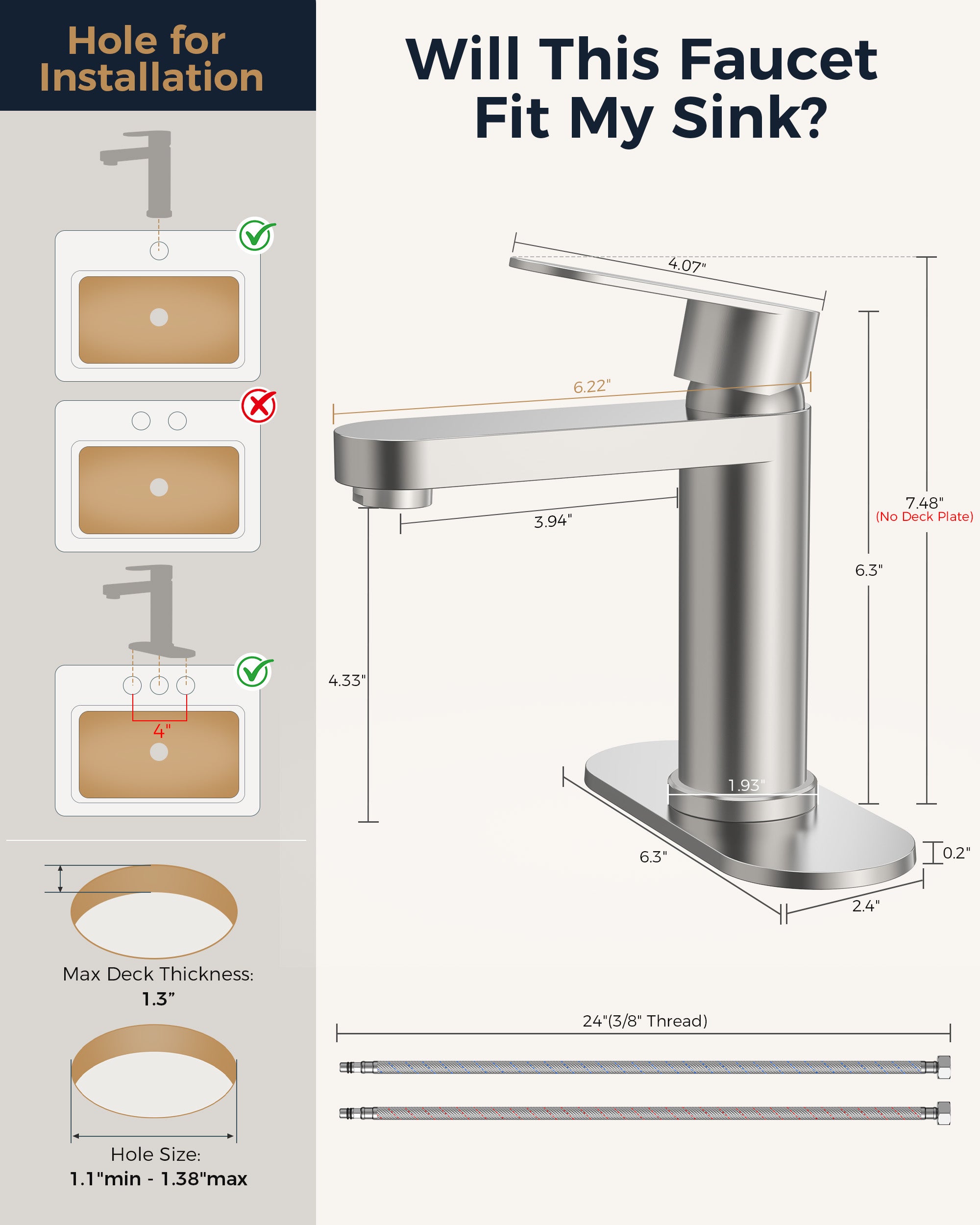 FORIOUS Bathroom Faucet 1 Hole, Single Handle Vanity Faucet Polished Chrome Bathroom Sink Faucet with Deck Plate, Fits 1 Hole and 4-Inch 3 Hole Install, for RV Vanity Lavatory Restroom Camper