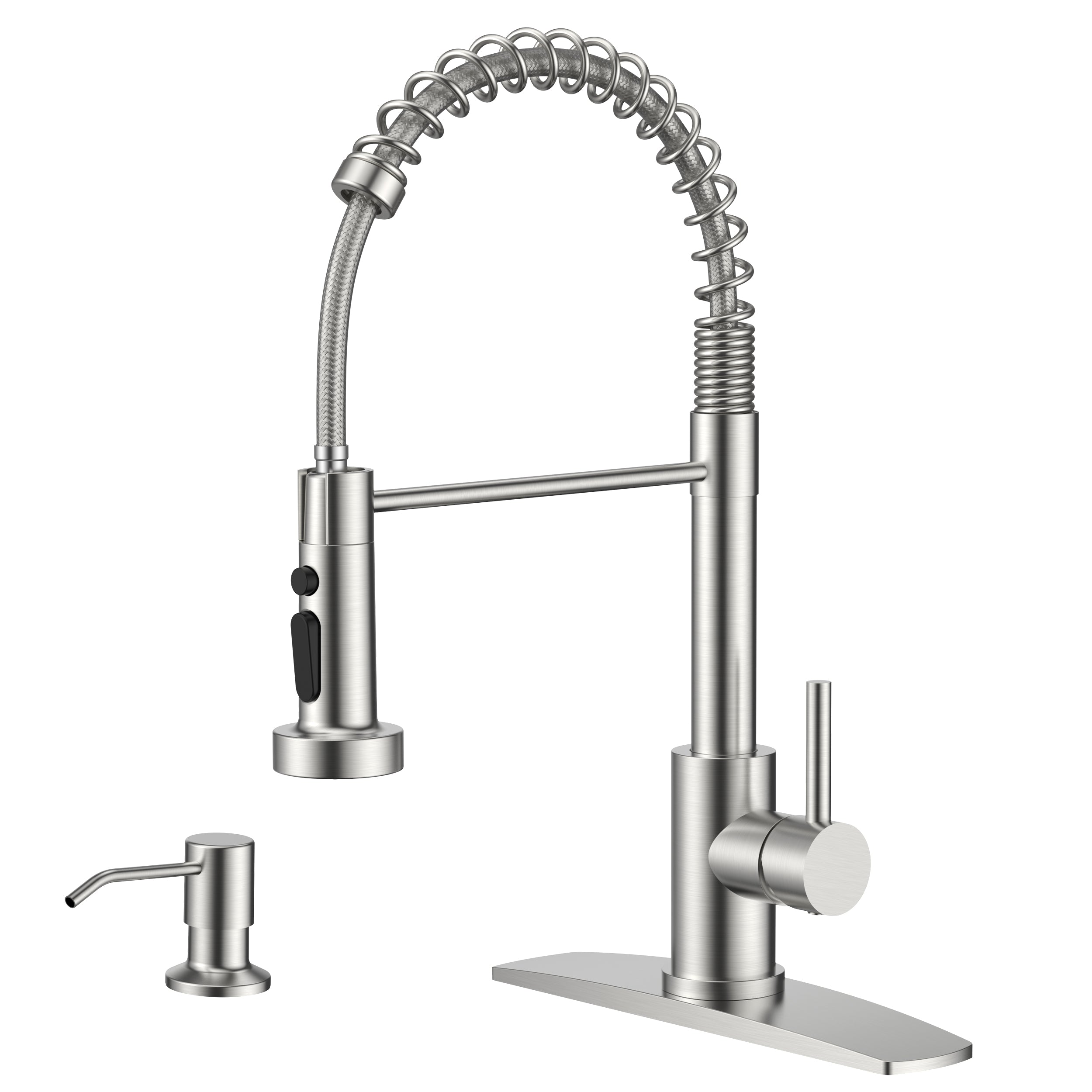 FORIOUS Kitchen Faucet with Soap Dispenser, Brushed Nickel Stainless Steel Sink Faucet with Sprayer Single Handle, Commercial Modern Spring Faucet for Kitchen Sink, Bar & Prep Sink, Laundry RV Camper