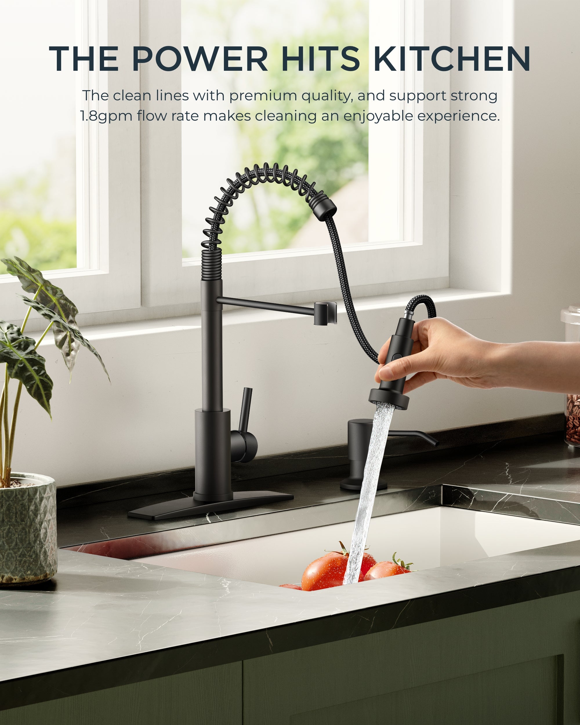 FORIOUS Black Kitchen Faucet with Soap Dispenser, Single Handle Stainless Steel Spring Sink Faucet with Pull Down Sprayer Transitional for Pot Filler, Farmhouse Camper Bar Laundry Room