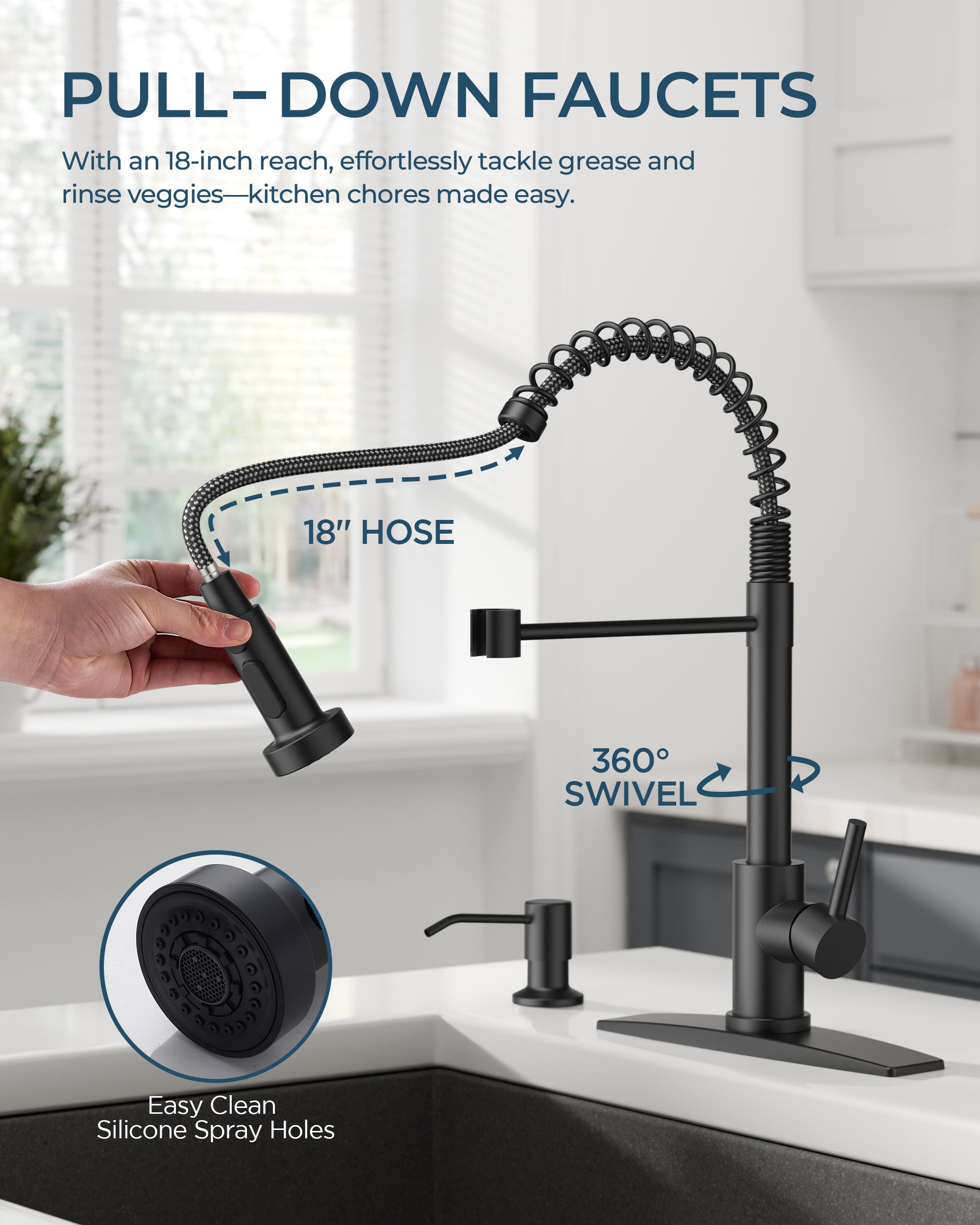 FORIOUS Black Kitchen Faucet with Soap Dispenser, Stainless Steel Kitchen Sink Faucet with Pull Down Sprayer Single Handle Modern Spring Commercial for Laundry Utility Room RV Camp Bar Farmhouse
