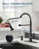 FORIOUS Black Kitchen Faucet with Soap Dispenser, Stainless Steel Kitchen Sink Faucet with Pull Down Sprayer Single Handle Modern Spring Commercial for Laundry Utility Room RV Camp Bar Farmhouse