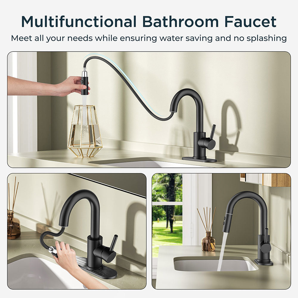 FORIOUS Single Hole Bar Sink Faucet with Pull Down Sprayer, Matte Black Bathroom Faucet for Sink 3 Hole with Pop Up Drain Hose, Suitable for Bath, RV, Laundry, Restroom & Utility Sink