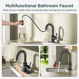 FORIOUS Single Hole Bar Sink Faucet with Pull Down Sprayer, Matte Black Bathroom Faucet for Sink 3 Hole with Pop Up Drain Hose, Suitable for Bath, RV, Laundry, Restroom & Utility Sink