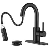FORIOUS Single Hole Bar Sink Faucet with Pull Down Sprayer, Matte Black Bathroom Faucet for Sink 3 Hole with Pop Up Drain Hose, Suitable for Bath, RV, Laundry, Restroom & Utility Sink