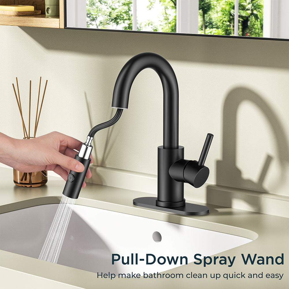 FORIOUS Single Hole Bar Sink Faucet with Pull Down Sprayer, Matte Black Bathroom Faucet for Sink 3 Hole with Pop Up Drain Hose, Suitable for Bath, RV, Laundry, Restroom & Utility Sink