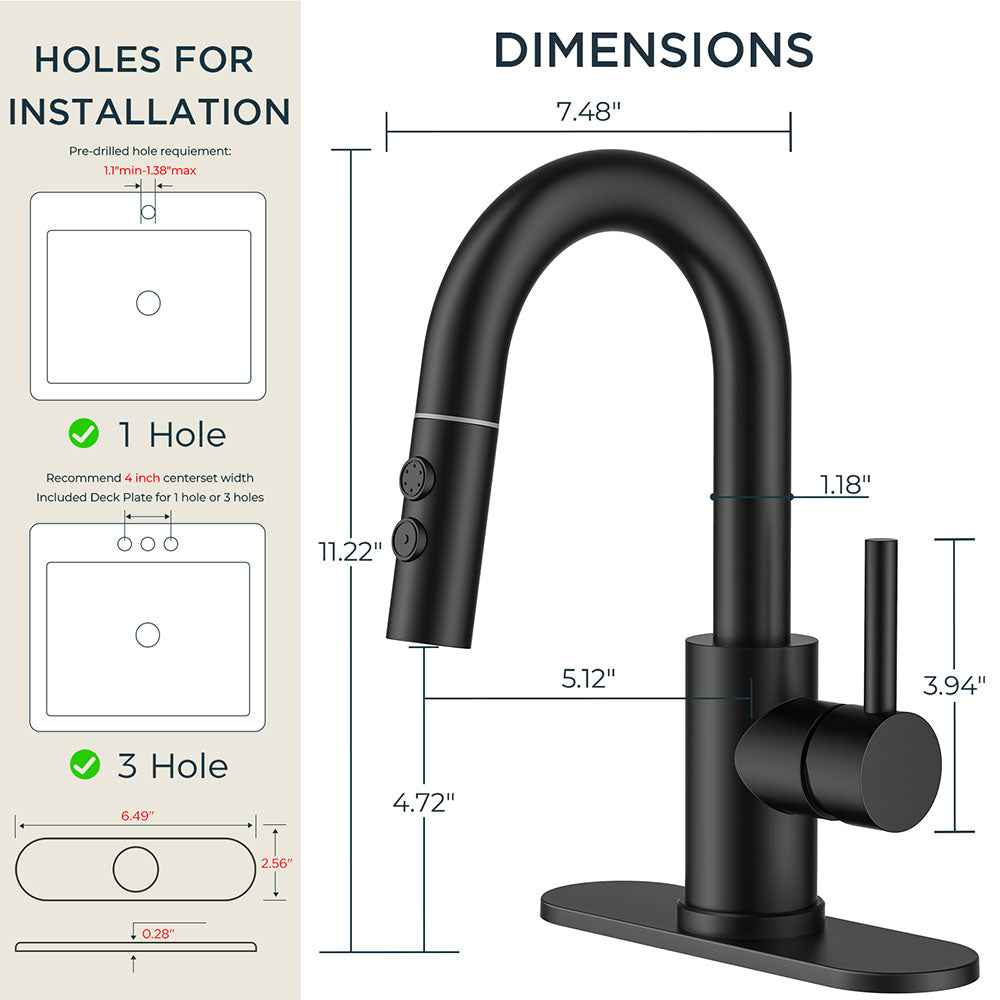 FORIOUS Single Hole Bar Sink Faucet with Pull Down Sprayer, Matte Black Bathroom Faucet for Sink 3 Hole with Pop Up Drain Hose, Suitable for Bath, RV, Laundry, Restroom & Utility Sink