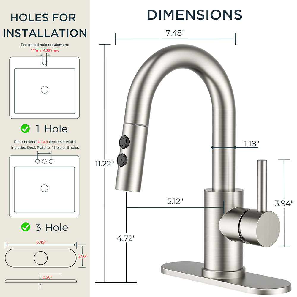 FORIOUS Single Hole Bar Sink Faucet with Pull Down Sprayer, Matte Black Bathroom Faucet for Sink 3 Hole with Pop Up Drain Hose, Suitable for Bath, RV, Laundry, Restroom & Utility Sink