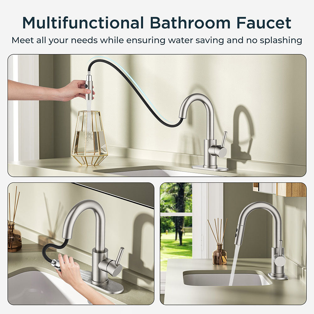 FORIOUS Single Hole Bar Sink Faucet with Pull Down Sprayer, Matte Black Bathroom Faucet for Sink 3 Hole with Pop Up Drain Hose, Suitable for Bath, RV, Laundry, Restroom & Utility Sink