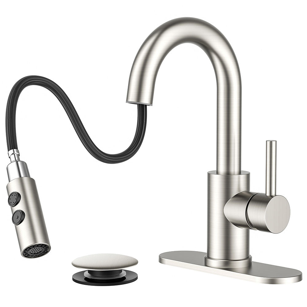 FORIOUS Single Hole Bar Sink Faucet with Pull Down Sprayer, Matte Black Bathroom Faucet for Sink 3 Hole with Pop Up Drain Hose, Suitable for Bath, RV, Laundry, Restroom & Utility Sink