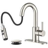 FORIOUS Single Hole Bar Sink Faucet with Pull Down Sprayer, Matte Black Bathroom Faucet for Sink 3 Hole with Pop Up Drain Hose, Suitable for Bath, RV, Laundry, Restroom & Utility Sink