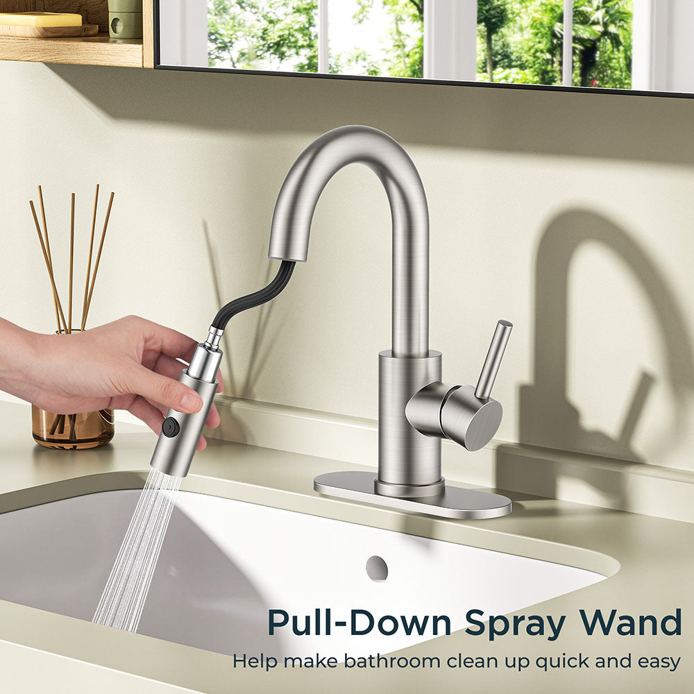 FORIOUS Single Hole Bar Sink Faucet with Pull Down Sprayer, Matte Black Bathroom Faucet for Sink 3 Hole with Pop Up Drain Hose, Suitable for Bath, RV, Laundry, Restroom & Utility Sink
