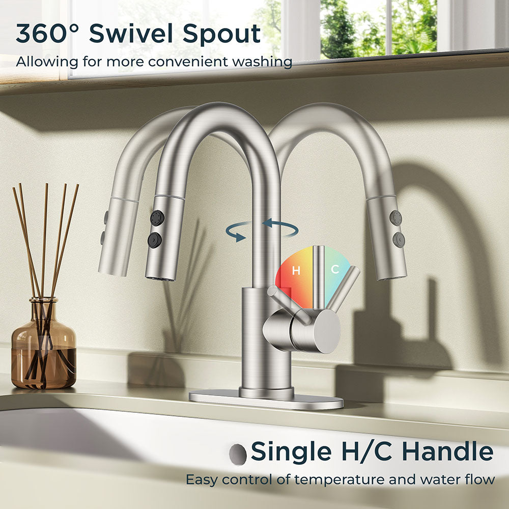 FORIOUS Single Hole Bar Sink Faucet with Pull Down Sprayer, Matte Black Bathroom Faucet for Sink 3 Hole with Pop Up Drain Hose, Suitable for Bath, RV, Laundry, Restroom & Utility Sink