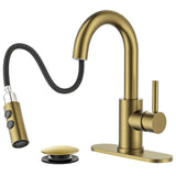 FORIOUS Single Hole Bar Sink Faucet with Pull Down Sprayer, Matte Black Bathroom Faucet for Sink 3 Hole with Pop Up Drain Hose, Suitable for Bath, RV, Laundry, Restroom & Utility Sink