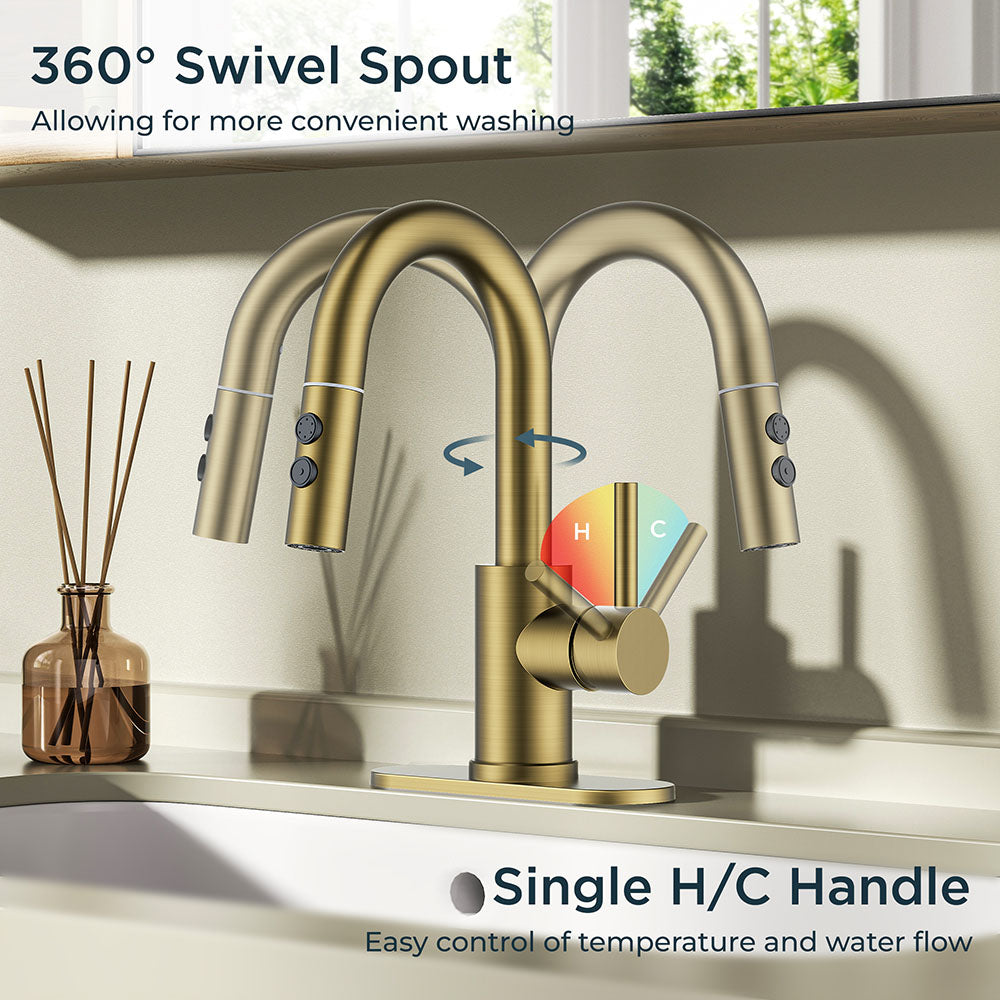 FORIOUS Single Hole Bar Sink Faucet with Pull Down Sprayer, Matte Black Bathroom Faucet for Sink 3 Hole with Pop Up Drain Hose, Suitable for Bath, RV, Laundry, Restroom & Utility Sink