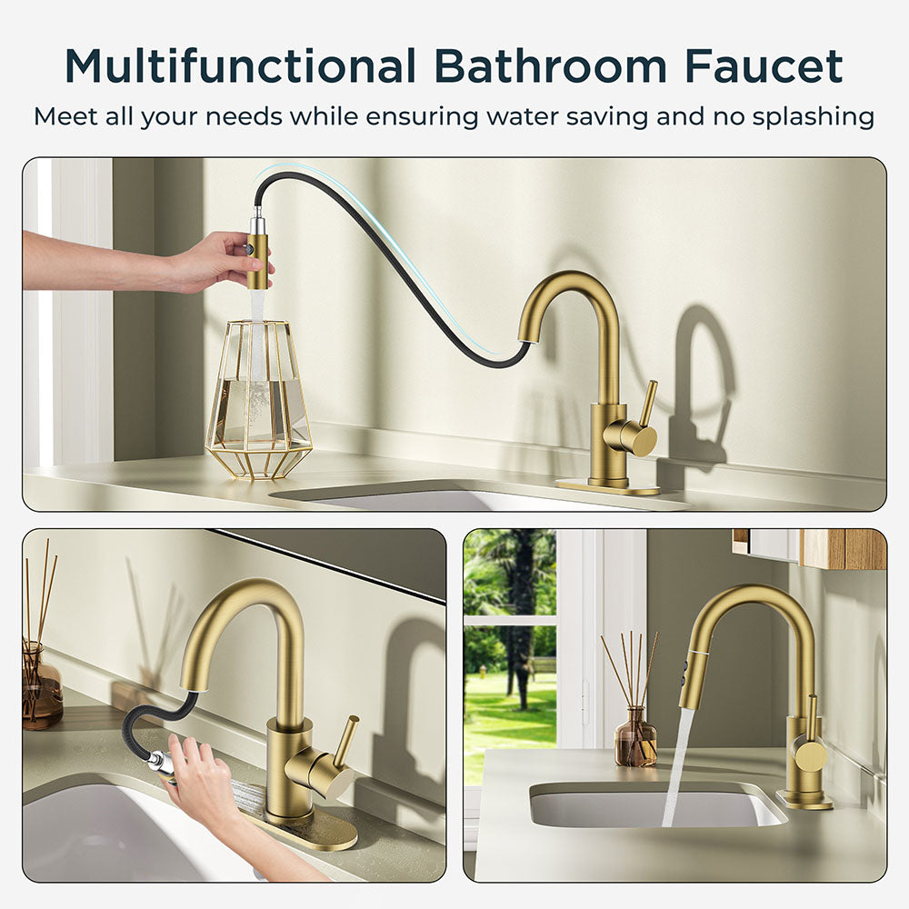 FORIOUS Single Hole Bar Sink Faucet with Pull Down Sprayer, Matte Black Bathroom Faucet for Sink 3 Hole with Pop Up Drain Hose, Suitable for Bath, RV, Laundry, Restroom & Utility Sink
