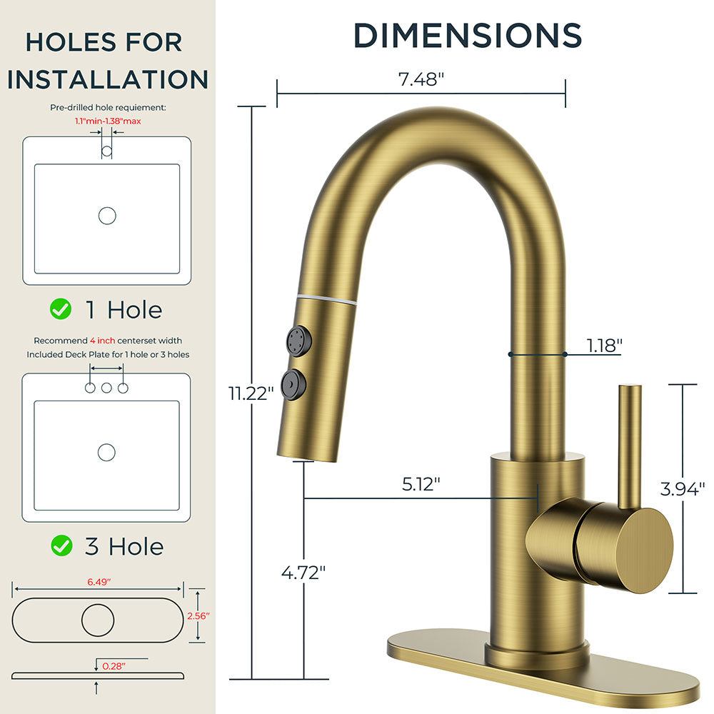 FORIOUS Single Hole Bar Sink Faucet with Pull Down Sprayer, Matte Black Bathroom Faucet for Sink 3 Hole with Pop Up Drain Hose, Suitable for Bath, RV, Laundry, Restroom & Utility Sink