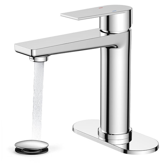 FORIOUS Polished Chrome Bathroom Faucet 1 Hole, Single Handle Single Hole Bathroom Faucet Chrome with Deck Plate, Pop Up Drain,  and CUPC Hoses FB-39055CH