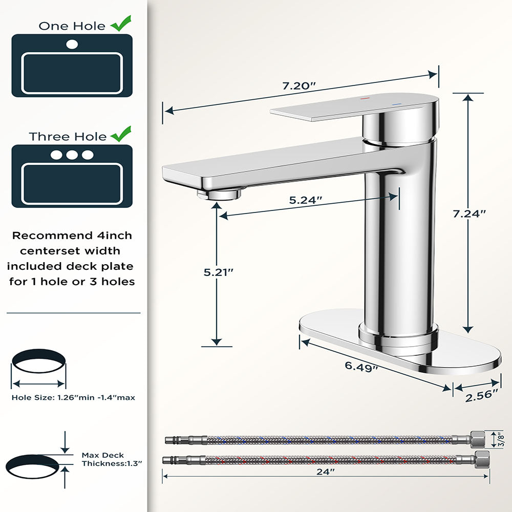 FORIOUS Polished Chrome Bathroom Faucet 1 Hole, Single Handle Single Hole Bathroom Faucet Chrome with Deck Plate, Pop Up Drain,  and CUPC Hoses FB-39055CH