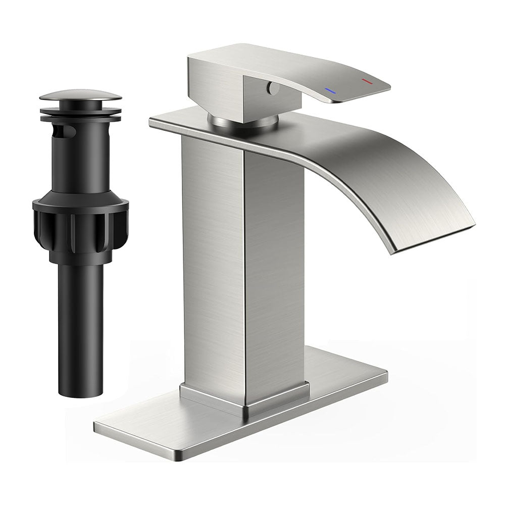 FORIOUS Brushed Gold Waterfall Bathroom Faucets 1 or 3 Hole, Vanity Single Bathroom Sink Faucet with cUPC Supply Line and Pop Up Drain, Suitable for Basin, Rv, Restroom Sink