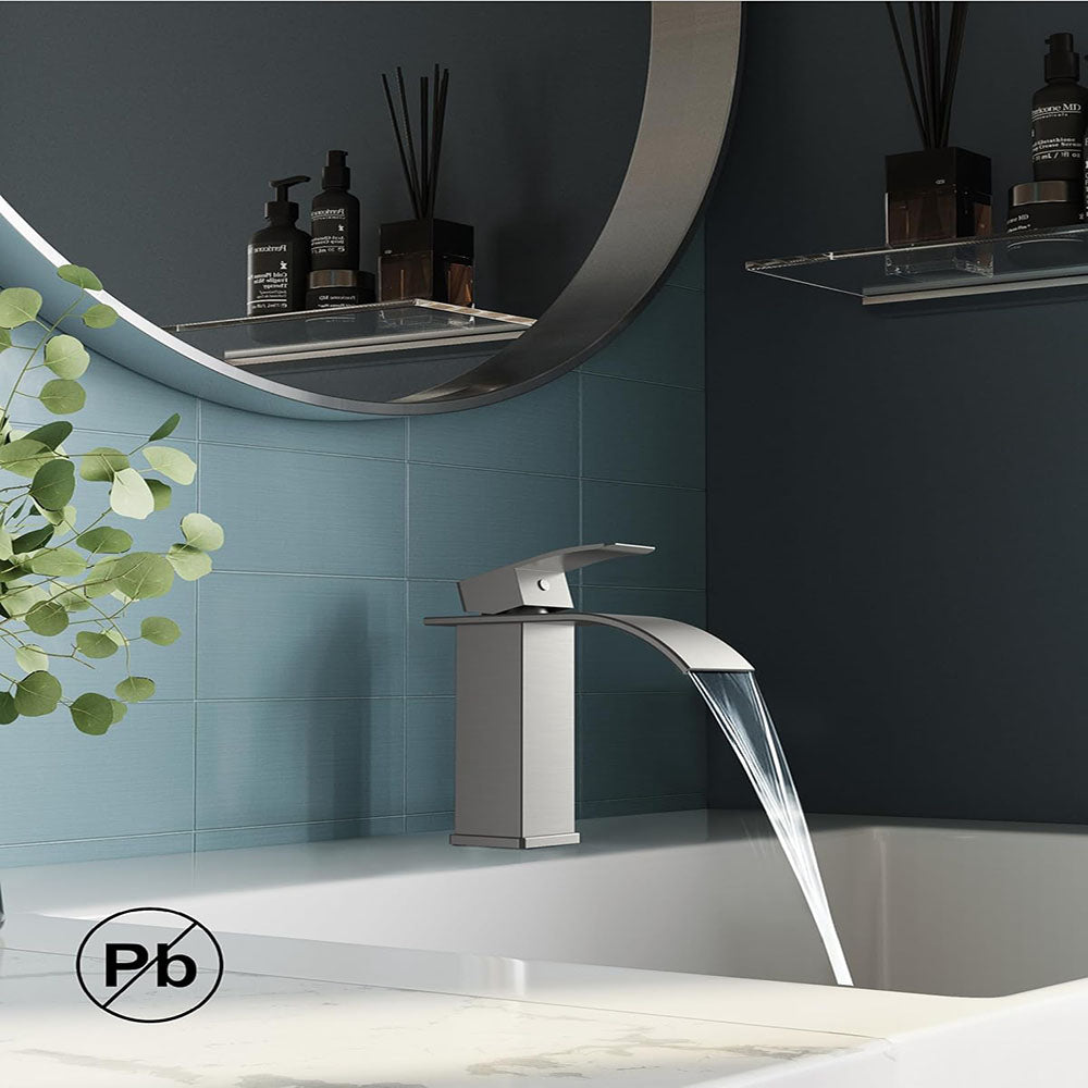 FORIOUS Brushed Gold Waterfall Bathroom Faucets 1 or 3 Hole, Vanity Single Bathroom Sink Faucet with cUPC Supply Line and Pop Up Drain, Suitable for Basin, Rv, Restroom Sink