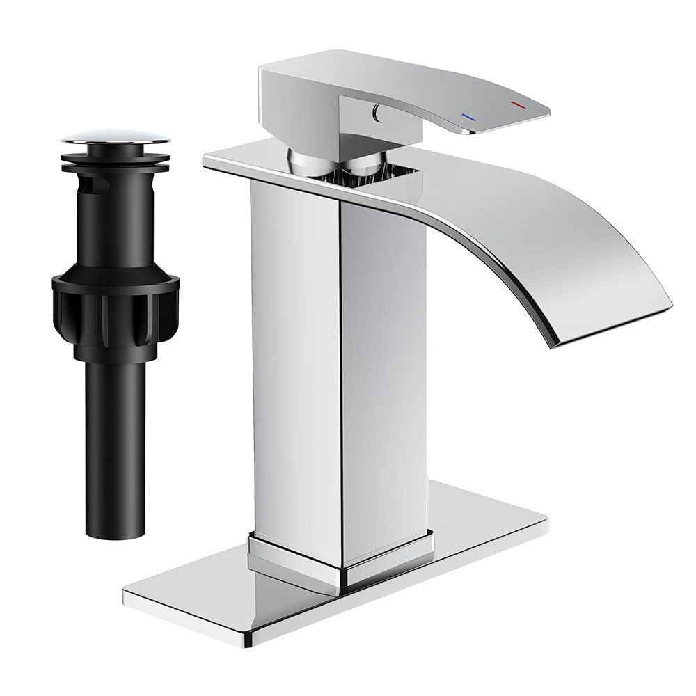 FORIOUS Brushed Gold Waterfall Bathroom Faucets 1 or 3 Hole, Vanity Single Bathroom Sink Faucet with cUPC Supply Line and Pop Up Drain, Suitable for Basin, Rv, Restroom Sink