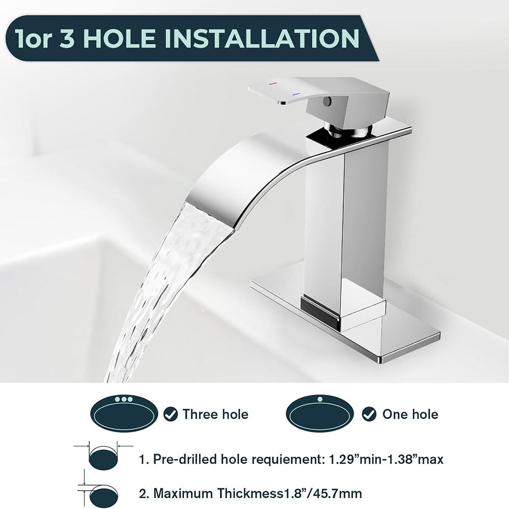 FORIOUS Brushed Gold Waterfall Bathroom Faucets 1 or 3 Hole, Vanity Single Bathroom Sink Faucet with cUPC Supply Line and Pop Up Drain, Suitable for Basin, Rv, Restroom Sink