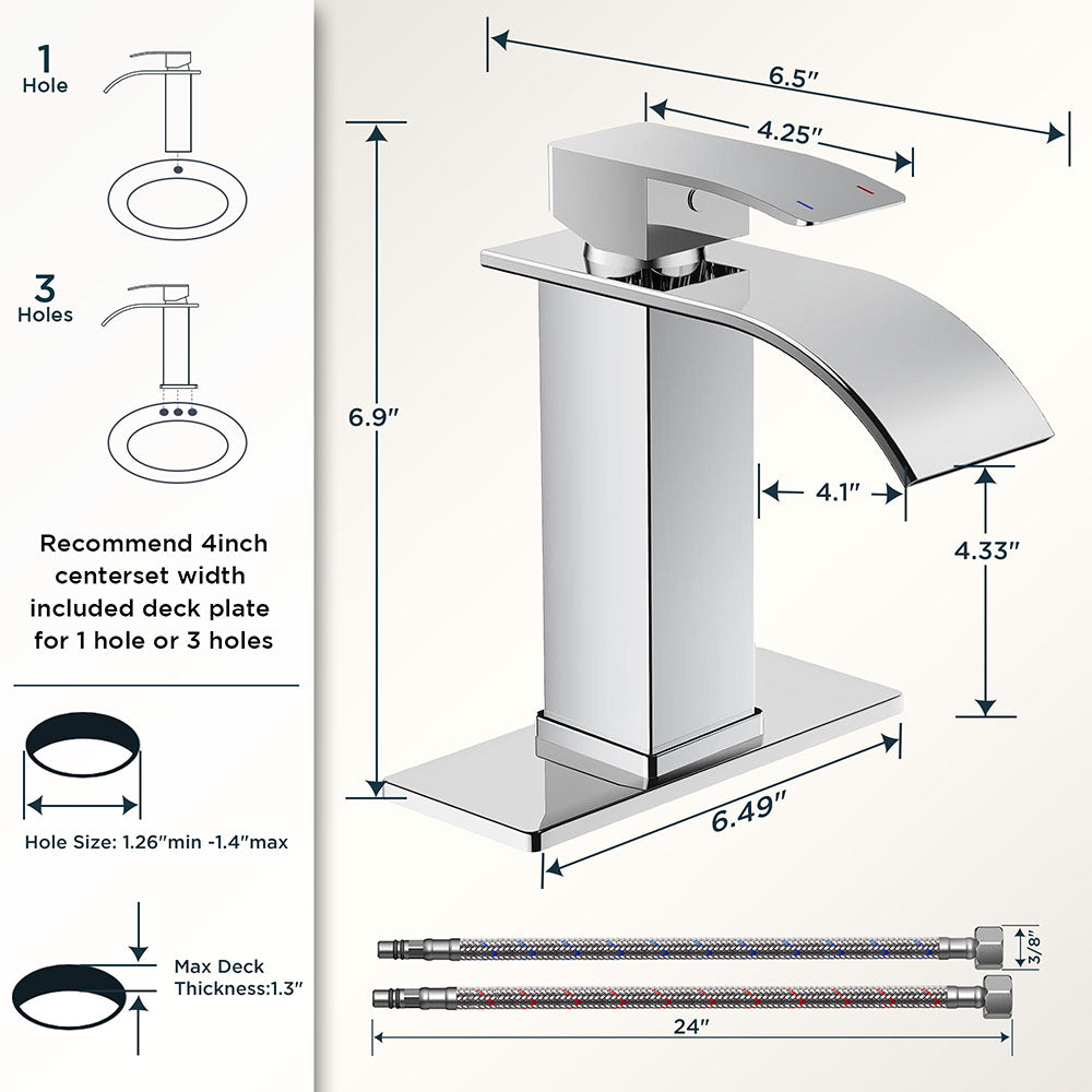 FORIOUS Brushed Gold Waterfall Bathroom Faucets 1 or 3 Hole, Vanity Single Bathroom Sink Faucet with cUPC Supply Line and Pop Up Drain, Suitable for Basin, Rv, Restroom Sink