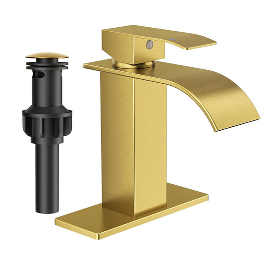 FORIOUS Brushed Gold Waterfall Bathroom Faucets 1 or 3 Hole, Vanity Single Bathroom Sink Faucet with cUPC Supply Line and Pop Up Drain, Suitable for Basin, Rv, Restroom Sink