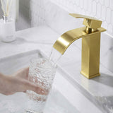 FORIOUS Brushed Gold Waterfall Bathroom Faucets 1 or 3 Hole, Vanity Single Bathroom Sink Faucet with cUPC Supply Line and Pop Up Drain, Suitable for Basin, Rv, Restroom Sink