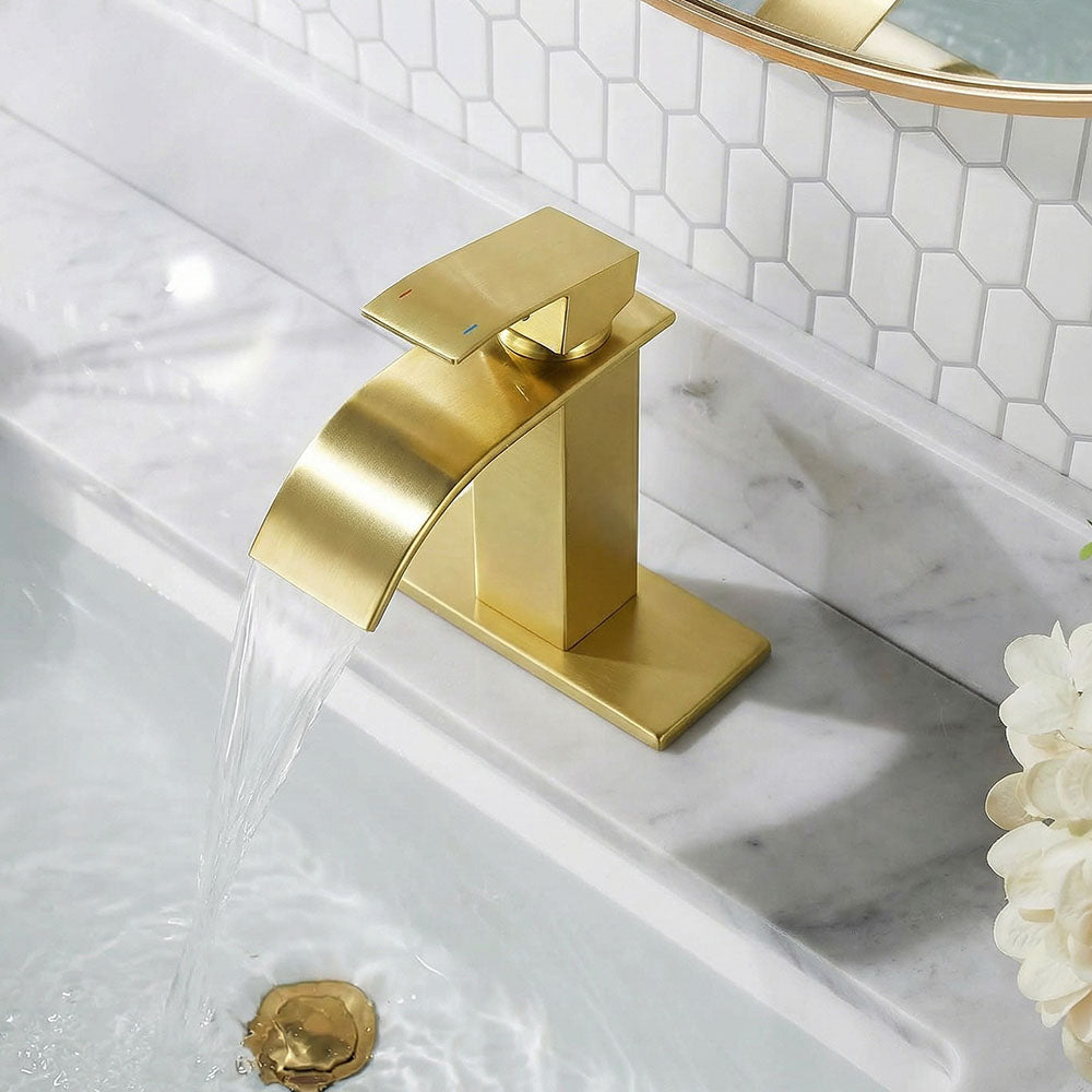 FORIOUS Brushed Gold Waterfall Bathroom Faucets 1 or 3 Hole, Vanity Single Bathroom Sink Faucet with cUPC Supply Line and Pop Up Drain, Suitable for Basin, Rv, Restroom Sink