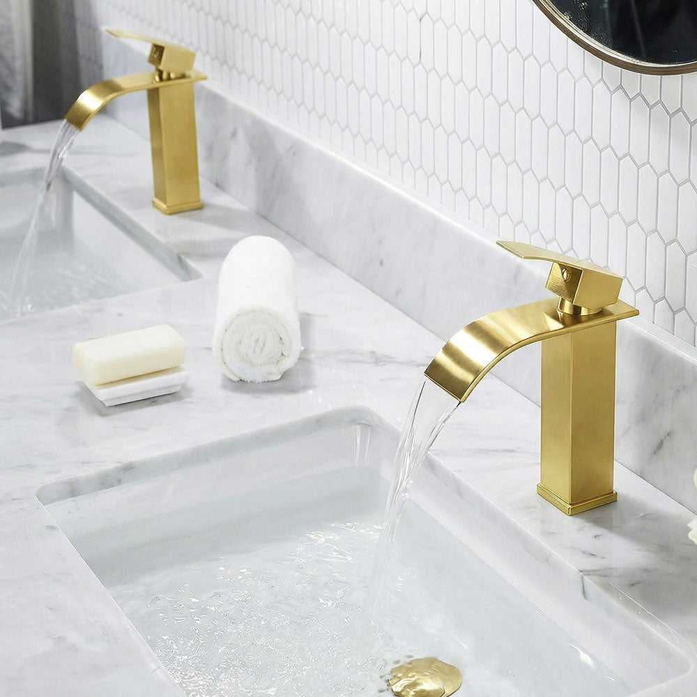 FORIOUS Brushed Gold Waterfall Bathroom Faucets 1 or 3 Hole, Vanity Single Bathroom Sink Faucet with cUPC Supply Line and Pop Up Drain, Suitable for Basin, Rv, Restroom Sink