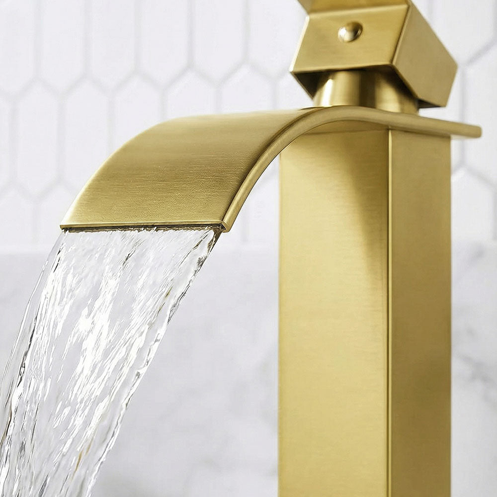 FORIOUS Brushed Gold Waterfall Bathroom Faucets 1 or 3 Hole, Vanity Single Bathroom Sink Faucet with cUPC Supply Line and Pop Up Drain, Suitable for Basin, Rv, Restroom Sink