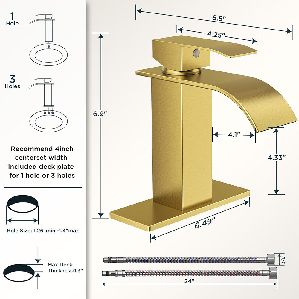 FORIOUS Brushed Gold Waterfall Bathroom Faucets 1 or 3 Hole, Vanity Single Bathroom Sink Faucet with cUPC Supply Line and Pop Up Drain, Suitable for Basin, Rv, Restroom Sink