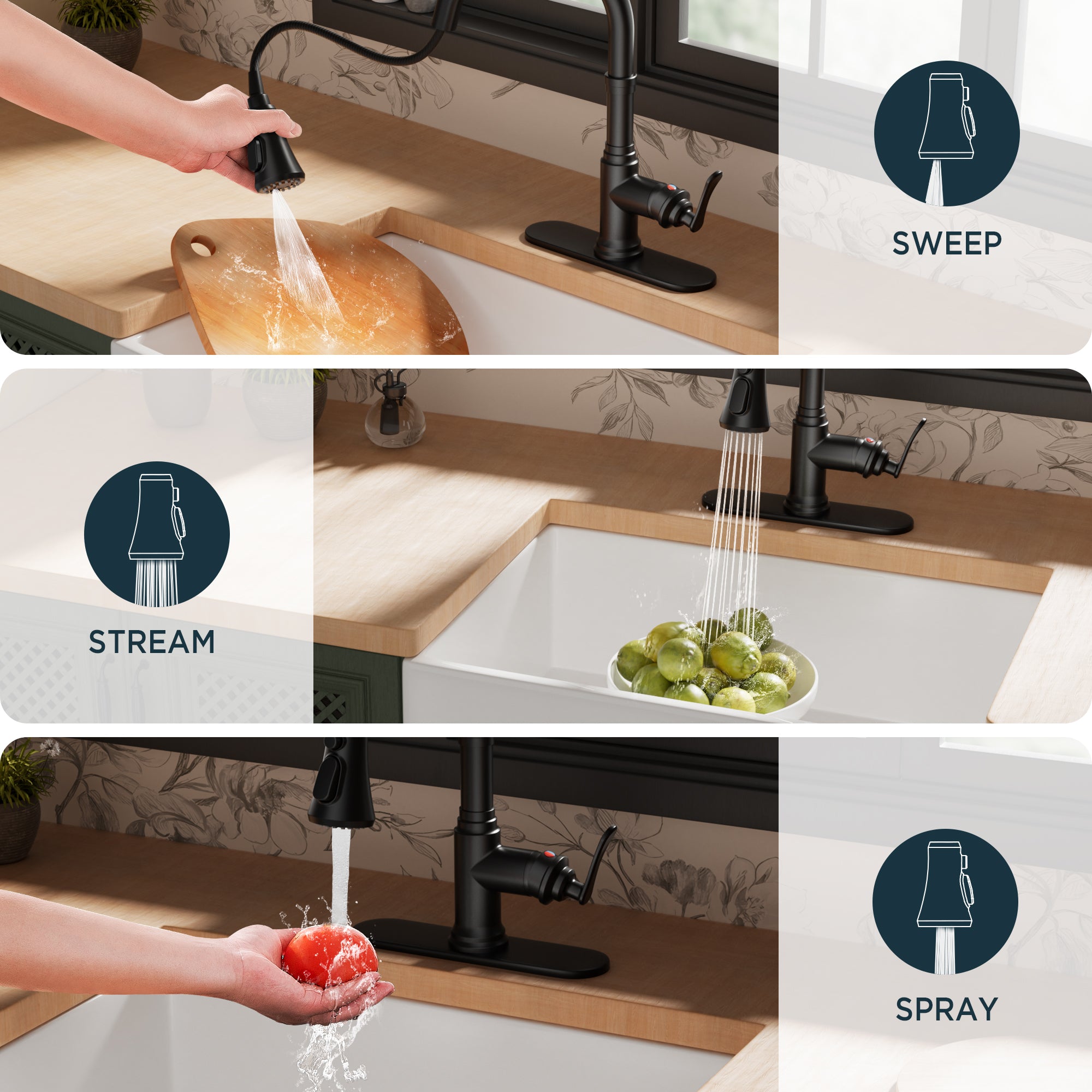 FORIOUS Antique Black Kitchen Faucets with Pull Down Sprayer, 3 in 1 Stainless Steel High Arc Single Handle Sink Faucet for Farmhouse Camper Rv Bar, Fit for 1 or 3 Hole