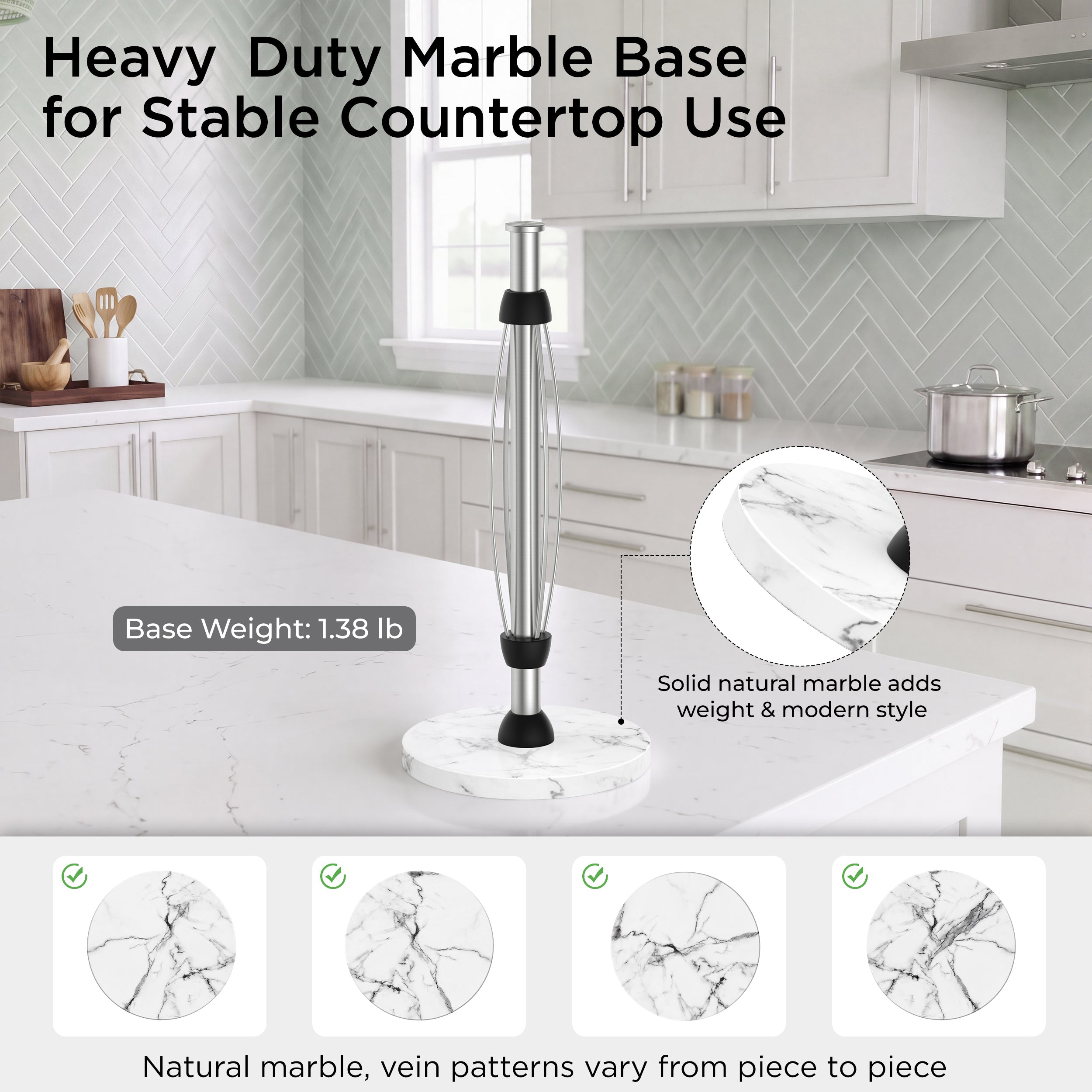 FORIOUS Paper Towel Holder Countertop, One-Handed Tear,Weighted Marble Base 304 Stainless Steel Paper Towel Stand, Ratchet Mechanism for Easy Tearing, Fits Standard & Jumbo Rolls for Kitchen, Silver