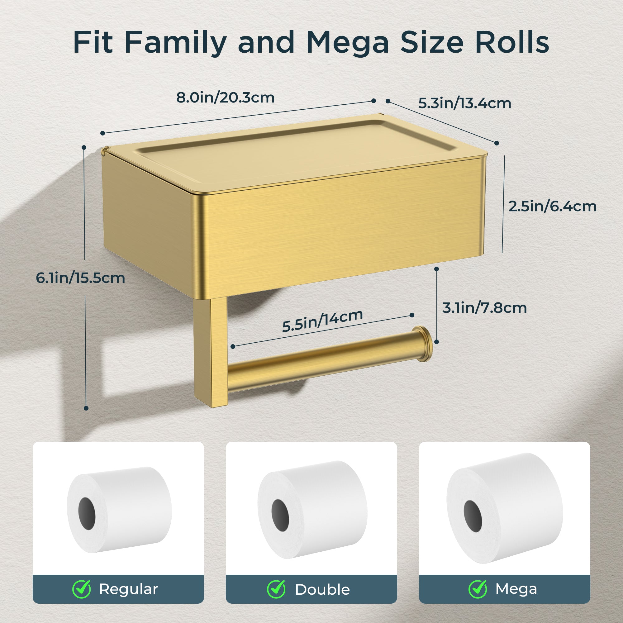 FORIOUS Toilet Paper Holder with Shelf, Wall-Mounted Modern Wipes Dispenser | Matte Black | Toilet Paper Holder with Storage for Bathroom | Fits Wipes, Sanitary Napkins, Tampons | 8.0"x5.3" Large Shelf