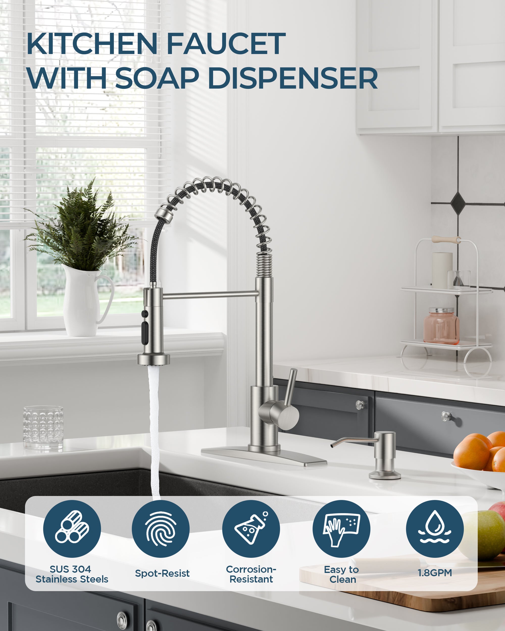 FORIOUS Kitchen Faucet with Soap Dispenser, Stainless Steel Kitchen Sink Faucet with Pull Down Sprayer Burhsed Nickel Single Handle Modern Spring Commercial for Laundry Room RV Camp Bar Farmhouse